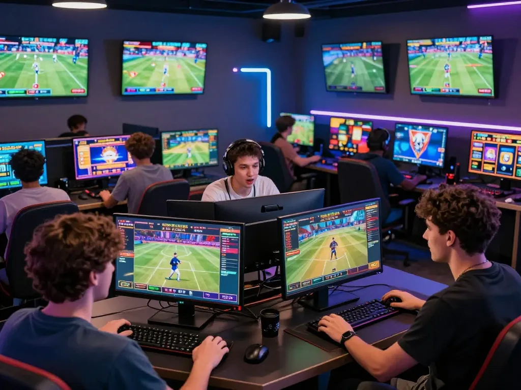 Engaging players enjoying diverse games on 68win platform in a modern gaming room.