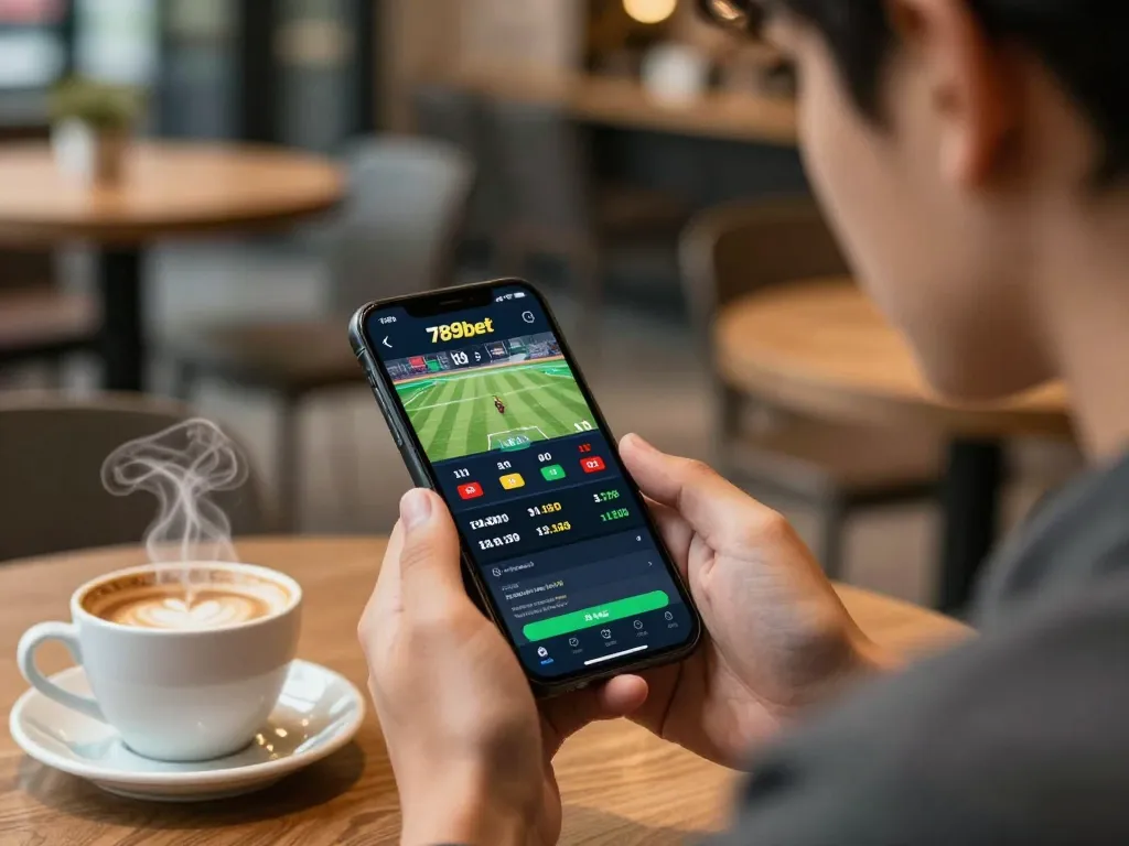 Engaging mobile gaming with 789bet app showing live sports betting action in a cozy café setting.