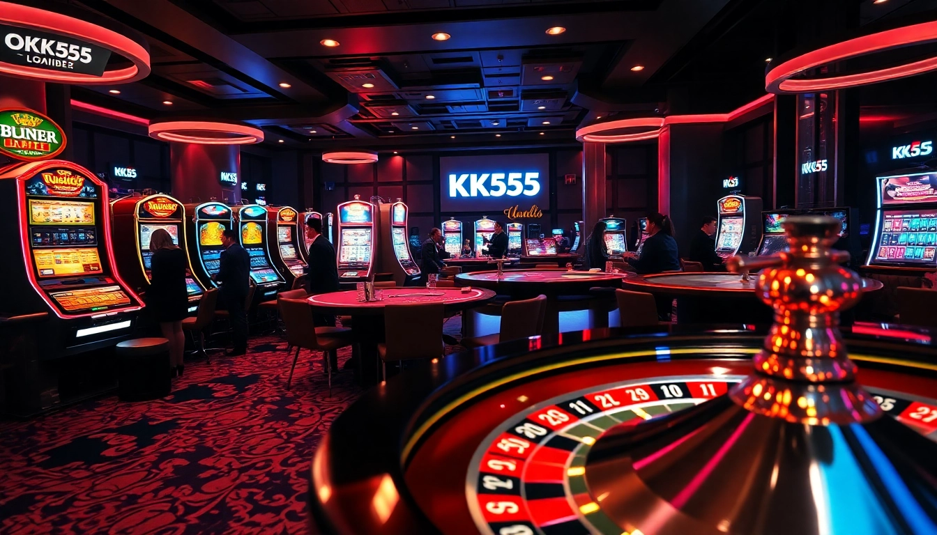 KK55 casino scene showcasing exciting gambling action at luxury tables.
