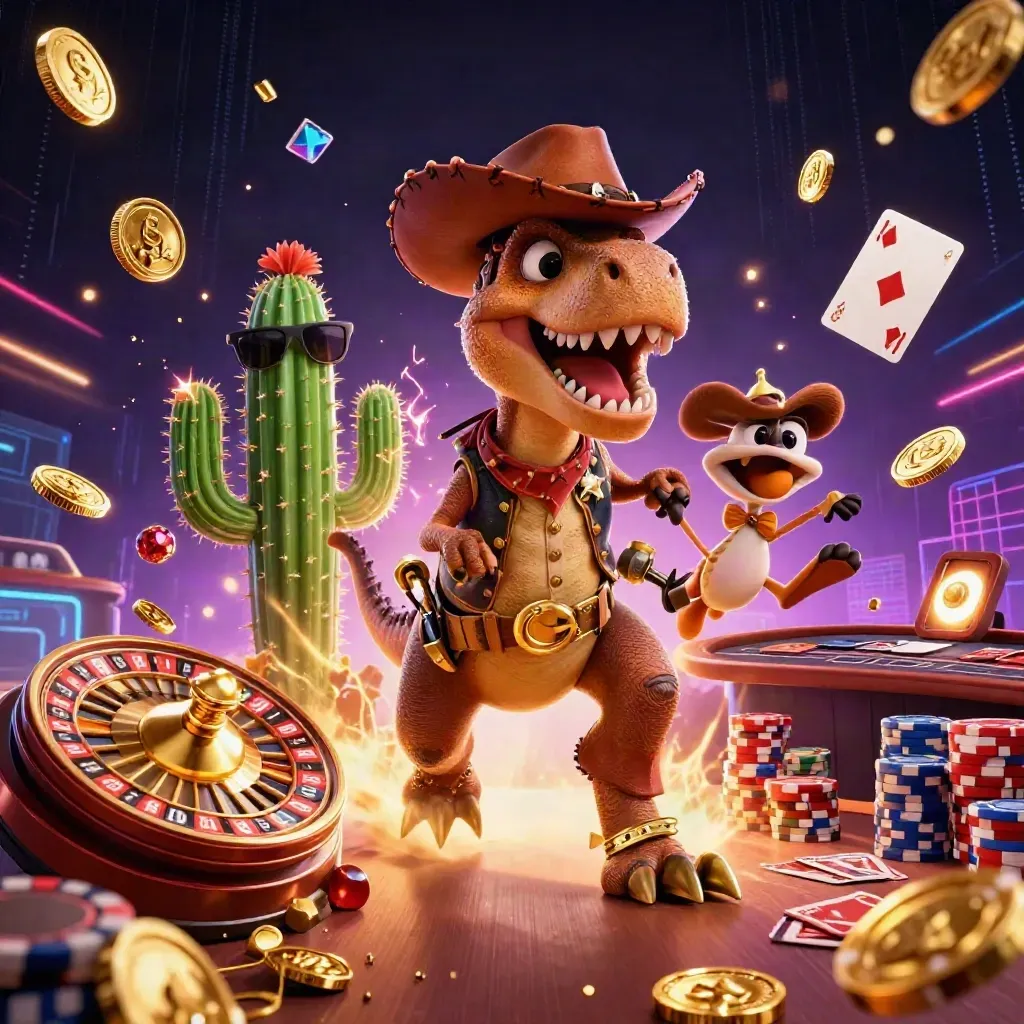 T-Rex cowboy, cactus e roadrunner tra monete d'oro e luci neon.