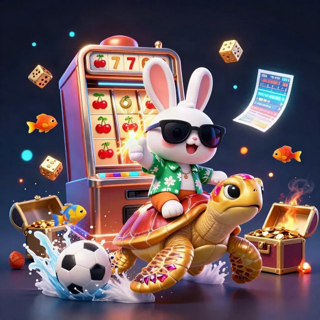 Coniglio 3D su tartaruga d’oro tra slot, dadi e gettoni nel neon blu e oro.
