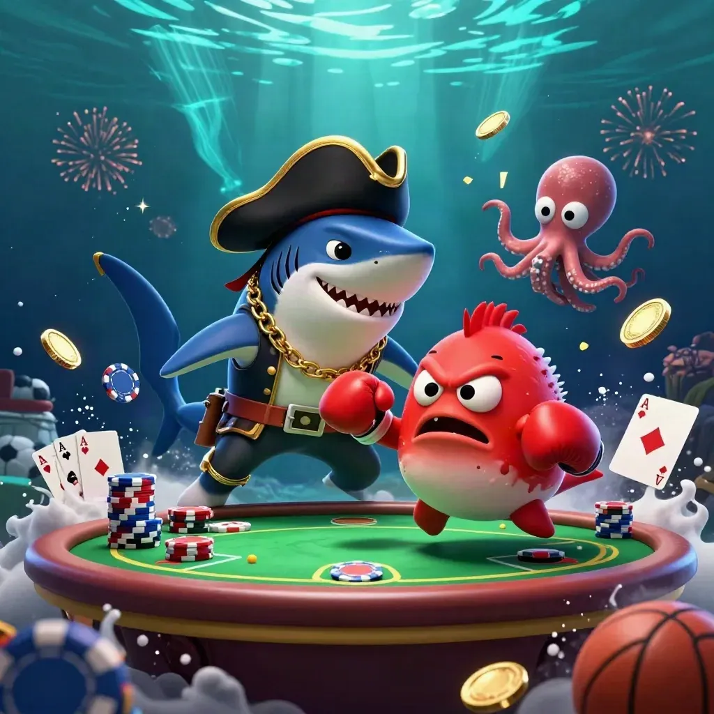 Uno squalo pirata, un pesce palla e un polpo tra fiches, carte e monete sott’acqua