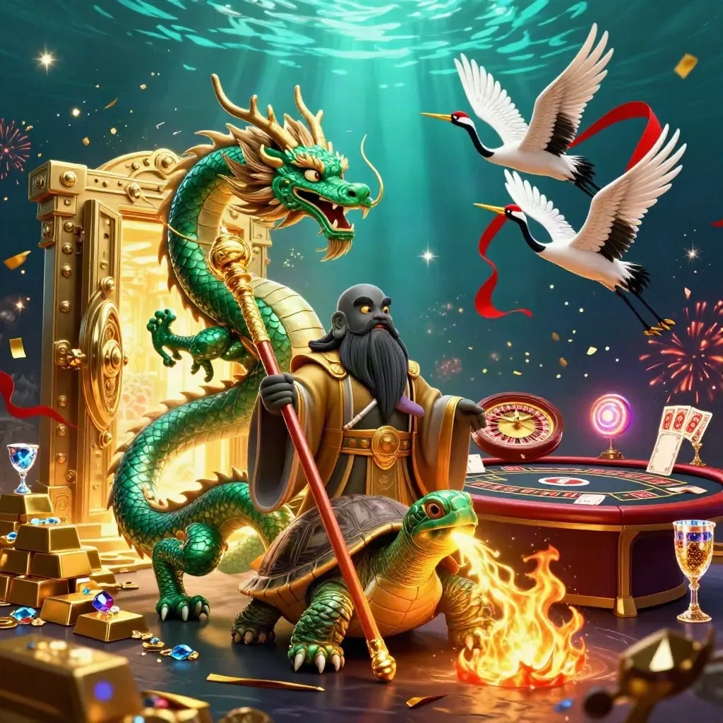 Drago smeraldo, tartaruga saggia e gru tra tesoro, luce e sala casino sottomarina.