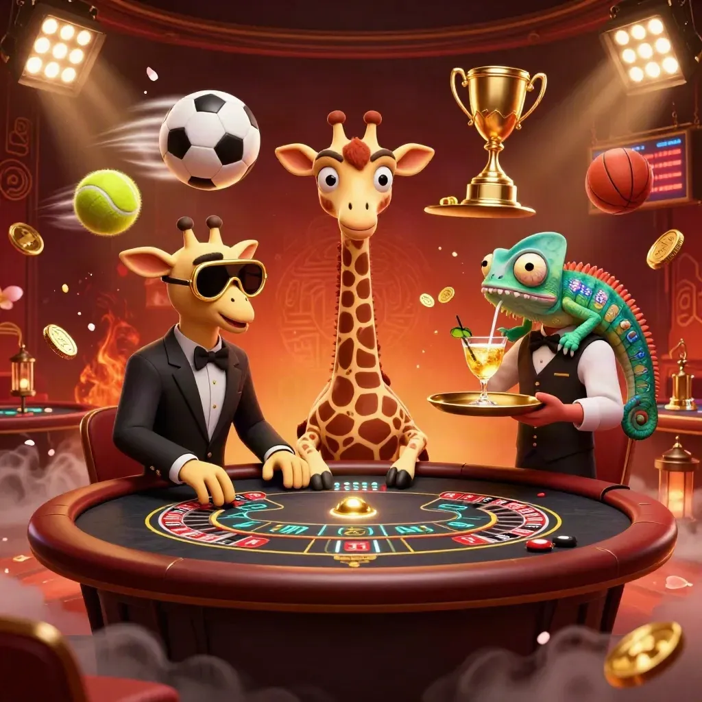 Giraffa, scimmia e camaleonte in un salone live tra luci dorate e monete, con sfere sportive