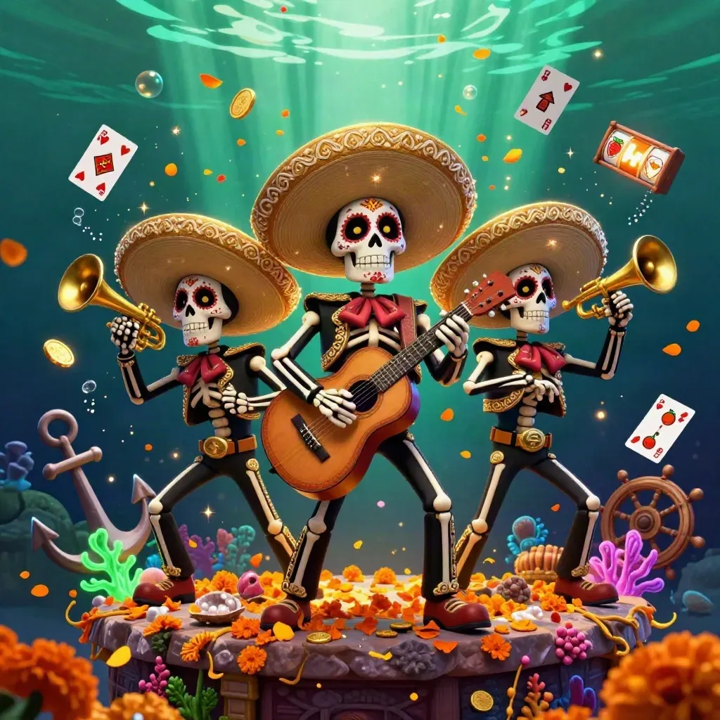 Tre scheletri mariachi in un tesoro sommerso, monete, coralli e bagliori smeraldo.