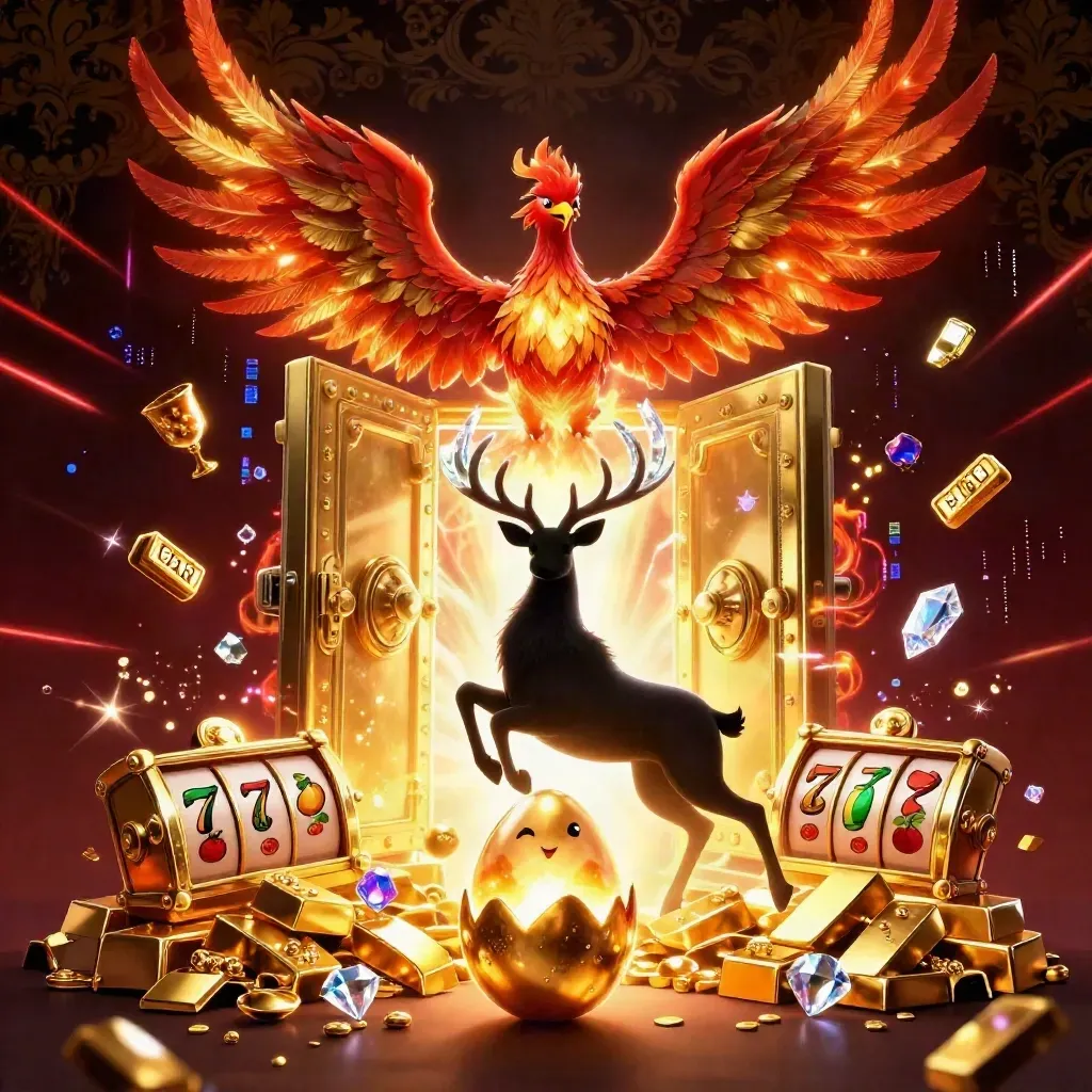 Fenice, cerbiatto mistico e uovo d’oro tra tesoro esplosivo, luce neon rubino e oro.