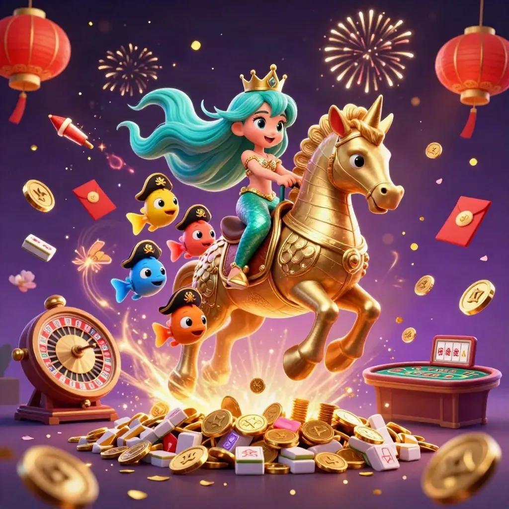 Sirena 3D con cavalluccio e pesci pirata, monete d’oro e fuochi d’artificio