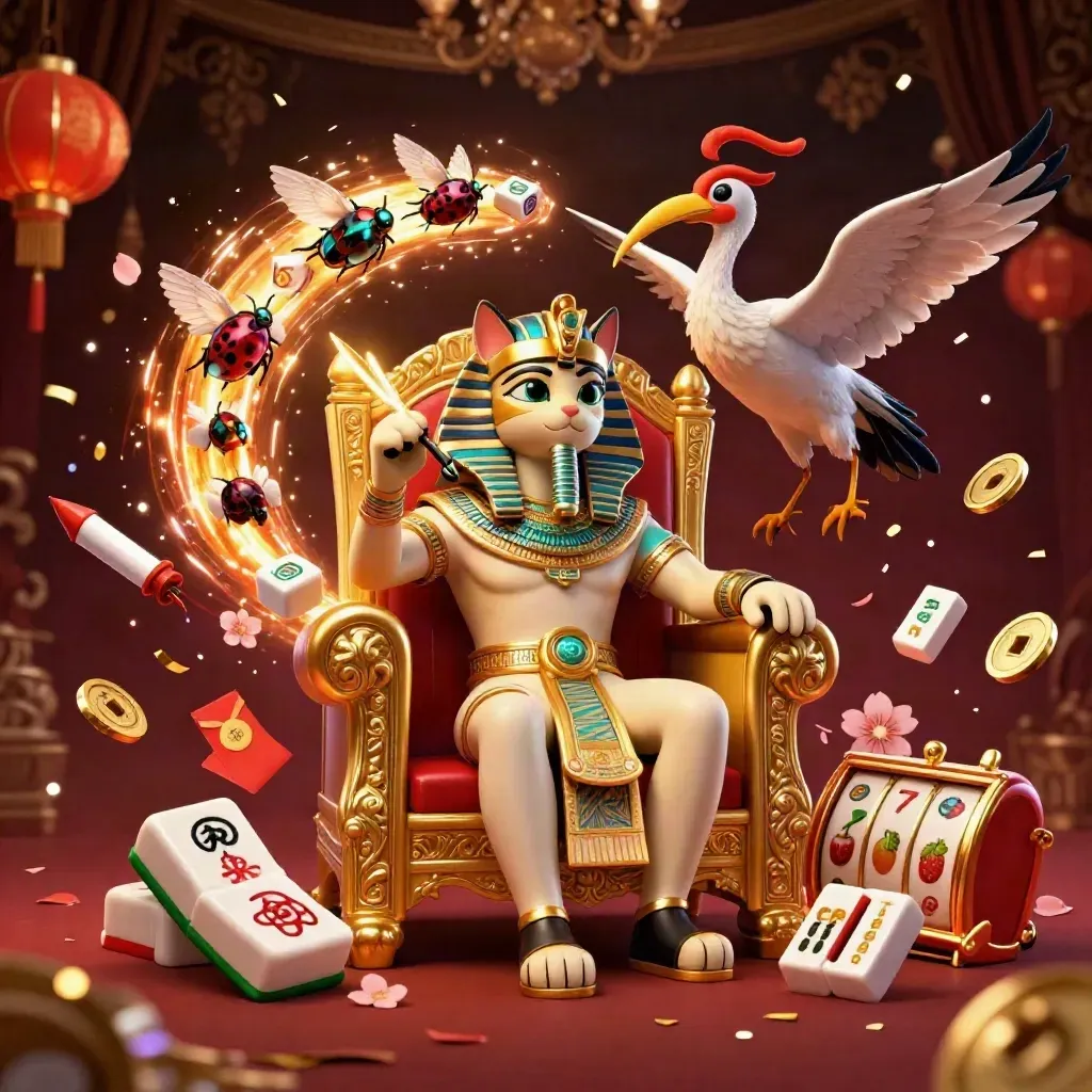 Gatto faraone su trono d’oro con ibis e scarabei, tra simboli da casinò e luci neon