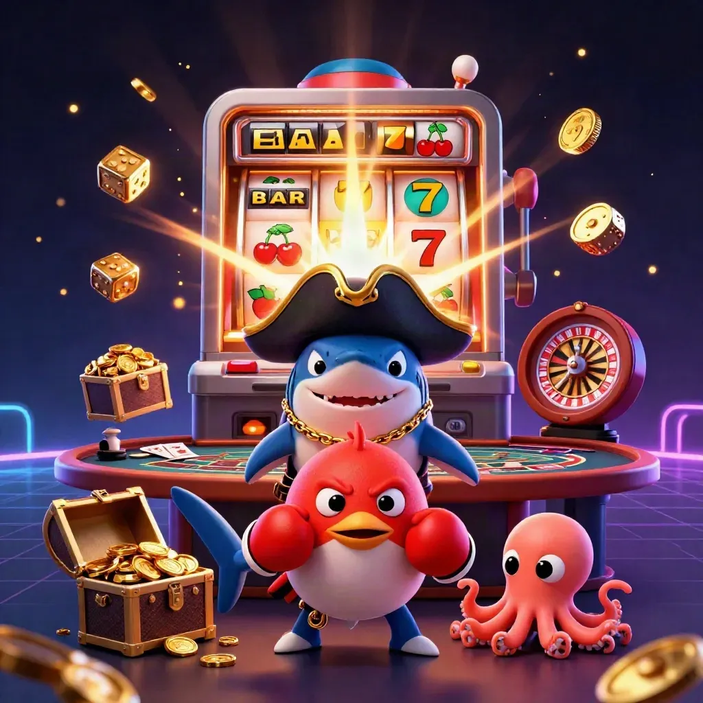 Tre personaggi cartoon da casinò tra slot, dadi d’oro e luci neon su sfondo scuro.