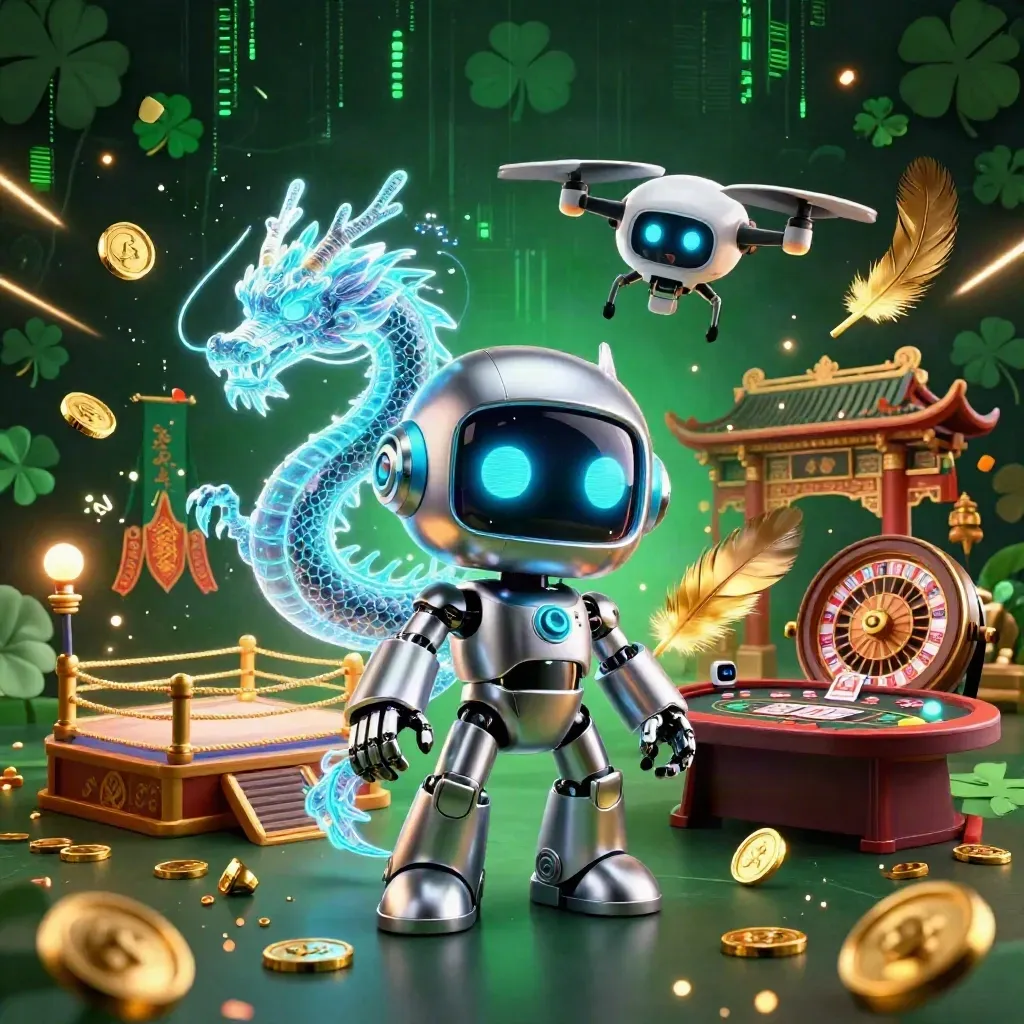 Robot cyberpunk, drago olografico e drone tra gettoni d’oro e luci neon in stile casinò luxury.