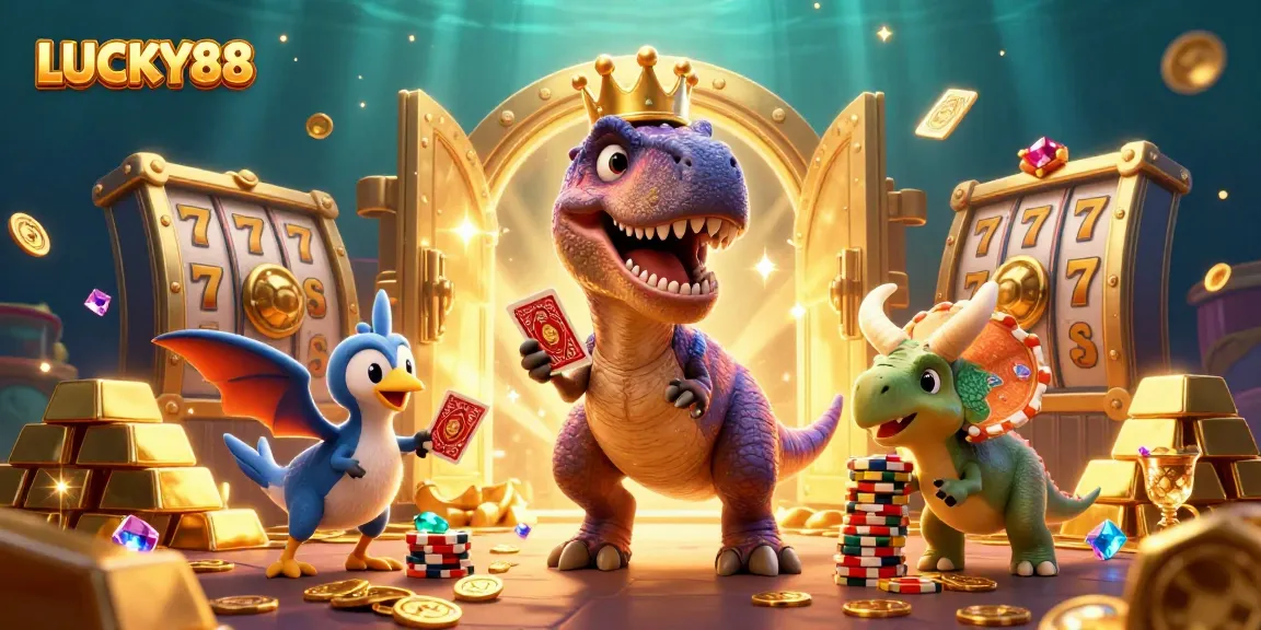 LUCKY88 slot illustration featuring a T-Rex, Pterodactyl, and Triceratops with vibrant casino elements.