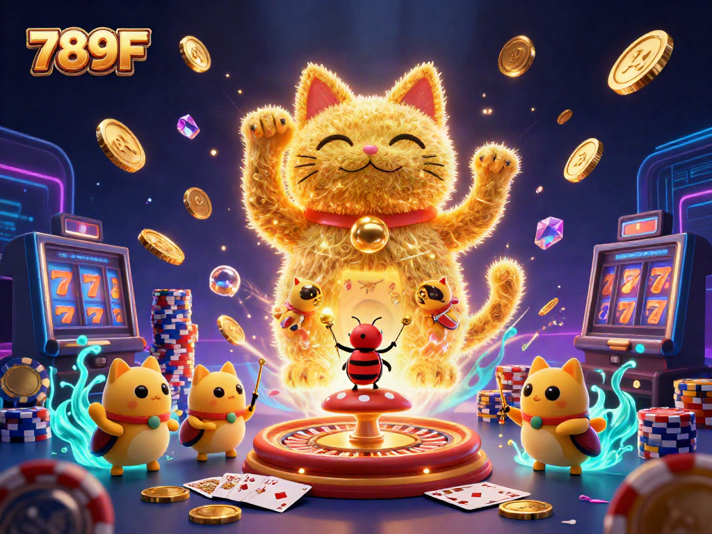 Experience the excitement with 789F's dynamic casino-themed illustration, filled with lively characters and vibrant gaming elements.