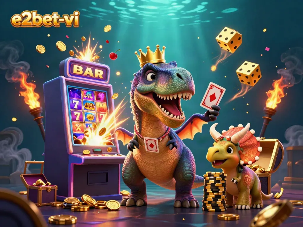 Engage in thrilling slots with e2bet-vi's vibrant 3D scene featuring a cartoon dinosaur and exciting casino elements.