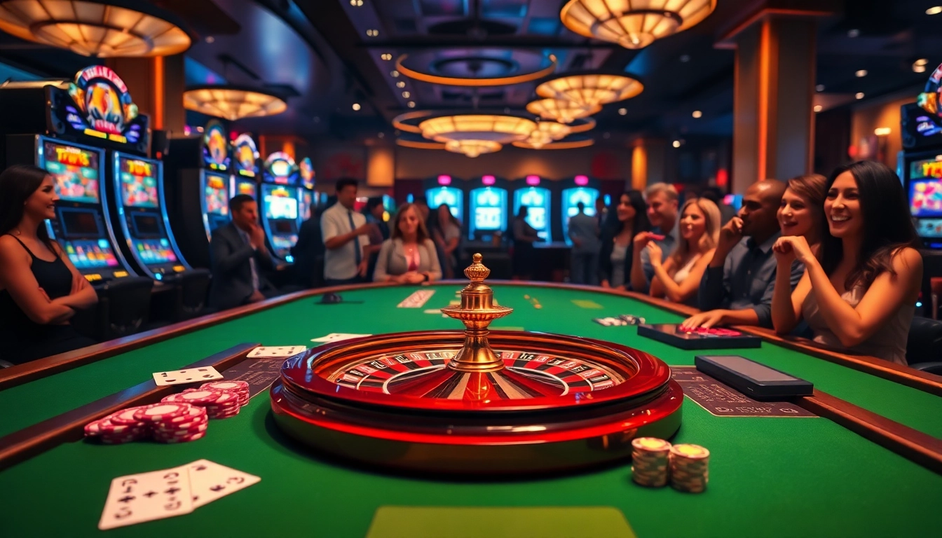 Experience high-stakes gambling at BL555 with a vibrant casino scene featuring tables, cards, and roulette.