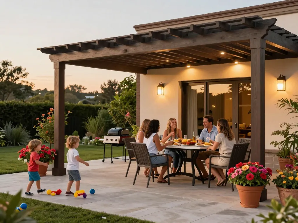 Engaging scene showcasing a family under a pergola designed with the software configuratore pergole.