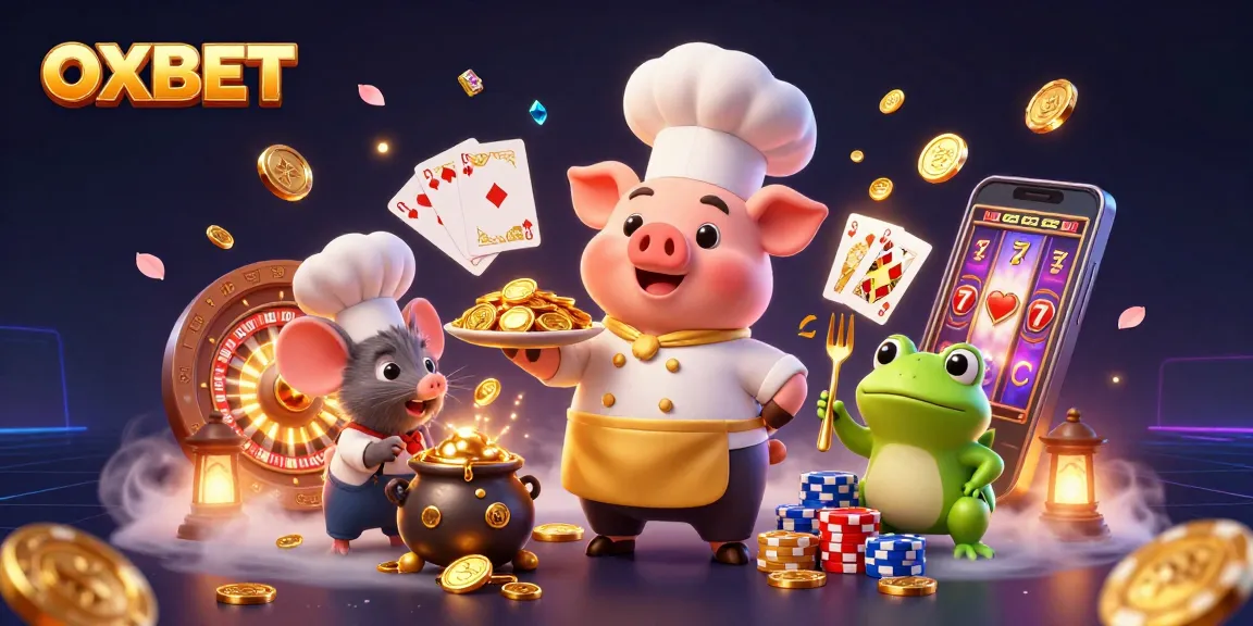 Engage with OXBET's thrilling casino scene featuring a chef, mouse, and frog serving gold coins.