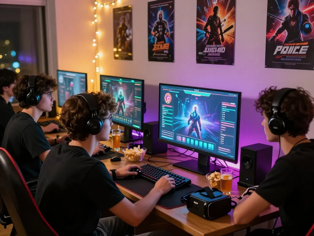 Engaged group playing mind control porn game in colorful urban setting.