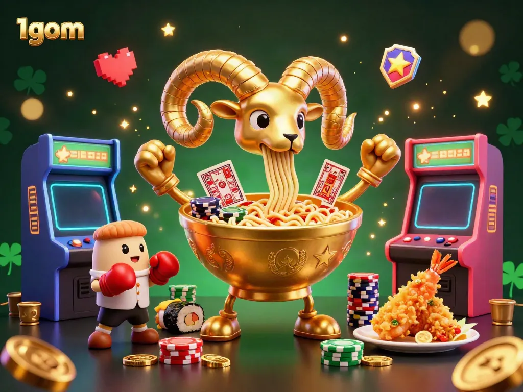 Experience thrilling action at 1gom with a dynamic illustration showcasing casino-themed characters and elements.