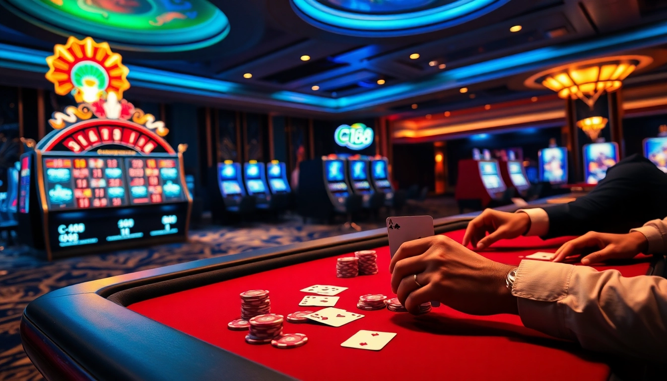C168 casino scene featuring vibrant slot machines, poker chips, and a roulette wheel in a luxurious gambling environment.