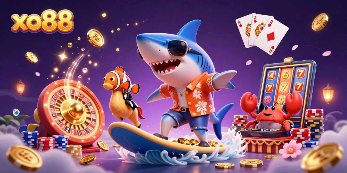Xo88 brings excitement to players as the shark surfs on gold coins amidst colorful casino elements.