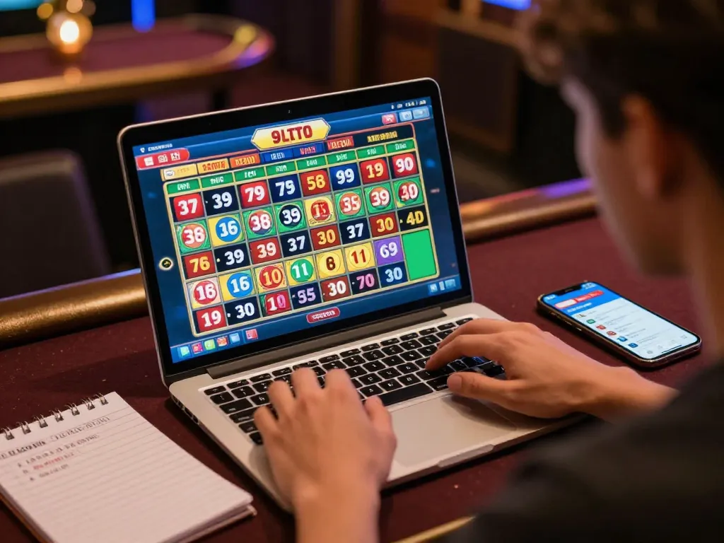 Player actively engaging in 9 Lotto 4D online, showcasing interactive lottery gameplay on a laptop.