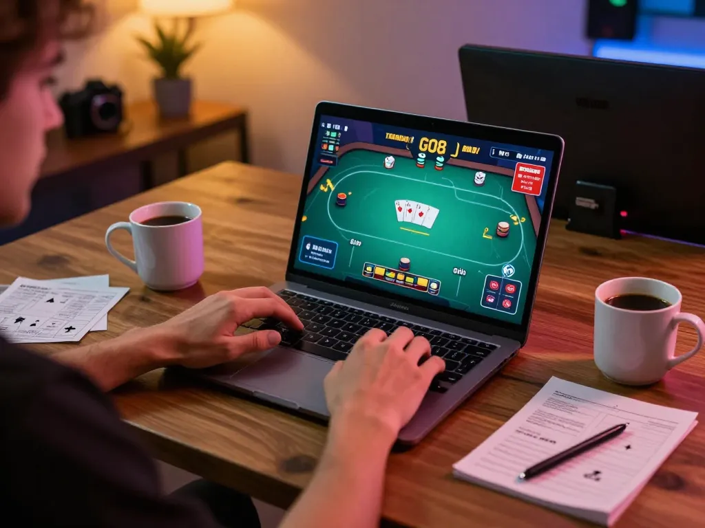 Engaging in poker gameplay at GO8, highlighting a strategic online gaming setup.