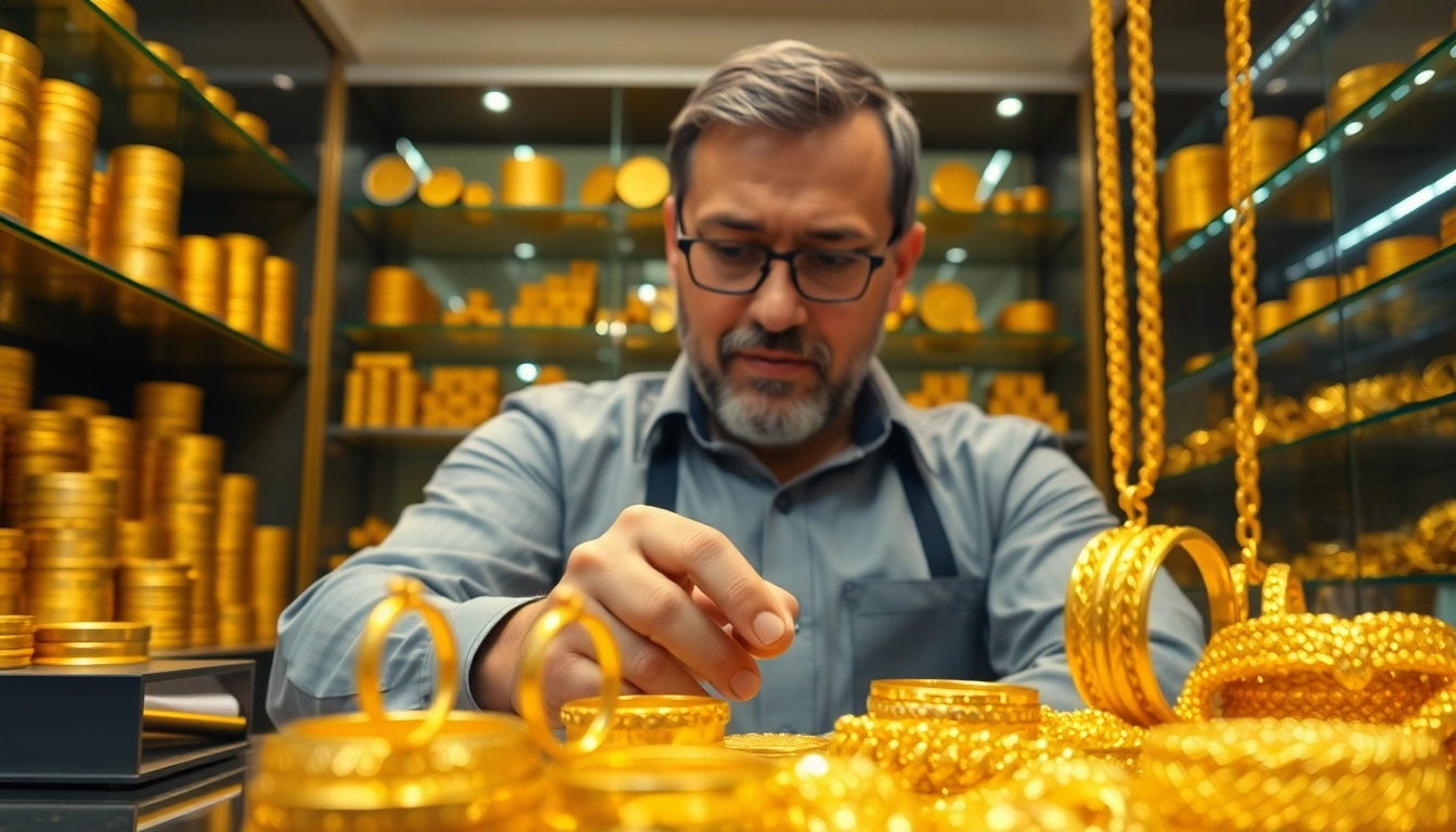 Valutazione oro usato da esperti in un negozio di compro oro con gioielli luminosi.