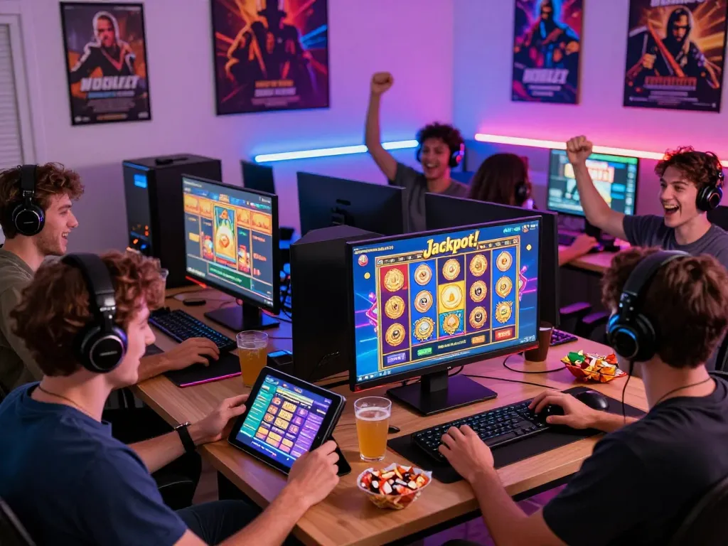 No Hu online gaming scene showing players celebrating jackpot wins, engaging in colorful slot games, and enjoying snacks.