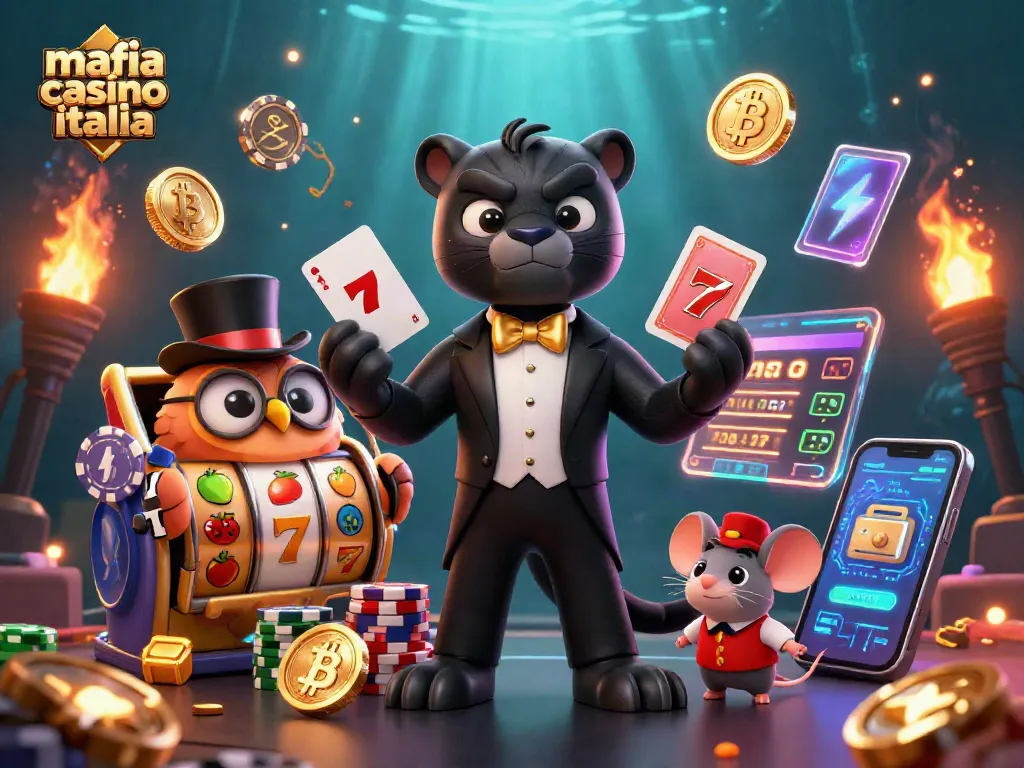 Mafia Casino Italia themed illustration featuring a stylish panther, wise owl, and lucky mouse in an engaging casino scene.