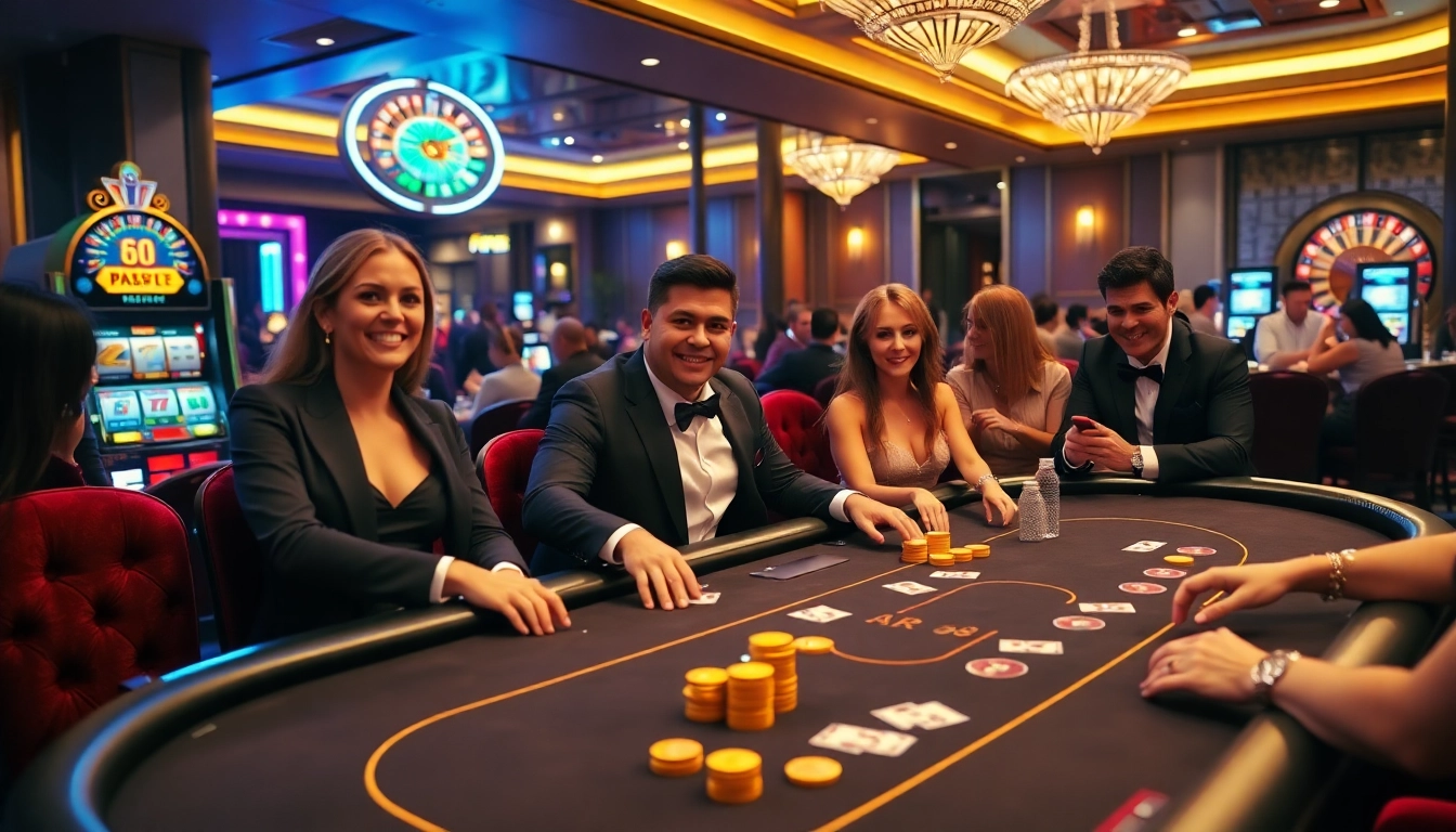 Players enjoying an exciting poker game at RR 88 casino table in a vibrant, luxurious setting.