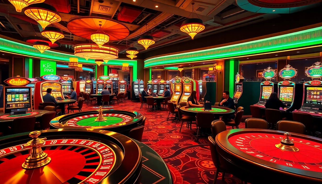 KJC pro showcases an exciting casino experience featuring roulette wheels, poker tables, and vibrant slot machines.