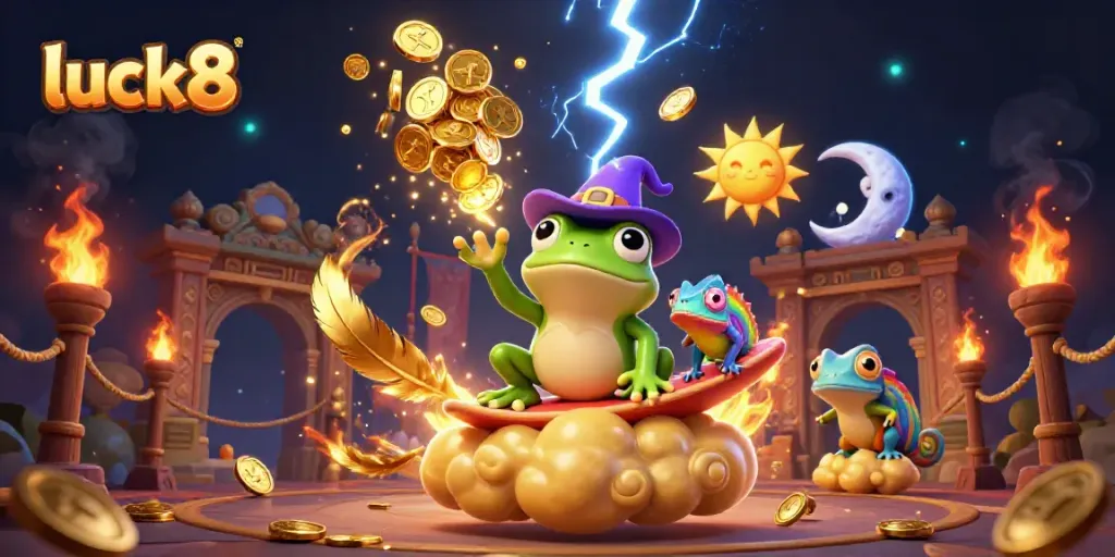 Experience the thrill of luck8 with golden coins in a dynamic 3D casino scene featuring unique characters.