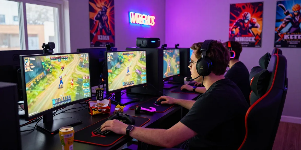 Intense gaming session featuring rokok88 on a high-end PC in a vibrant lounge.