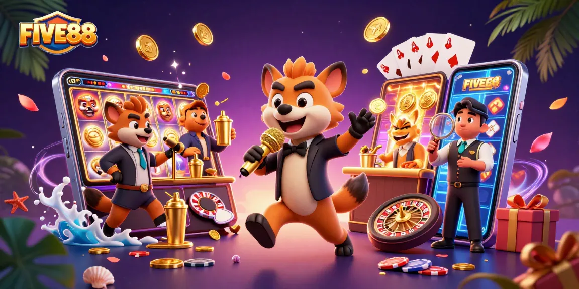 Experience the thrill of FIVE88 with a lively hyena casino scene, showcasing comedy and gaming excitement.