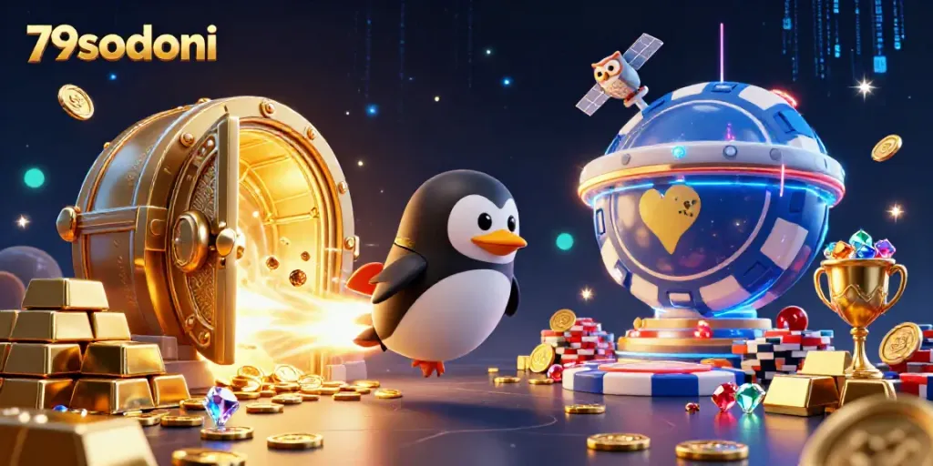 Experience thrilling wins at 79sodoni featuring a golden penguin soaring toward riches in a vibrant casino scene.
