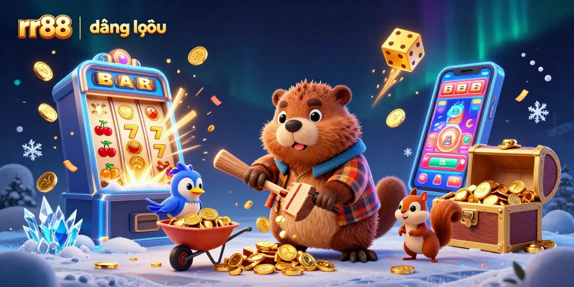 Experience rr88 | đăng nhập with a vibrant casino scene showcasing characters interacting around slot machines, coins, and festive elements.