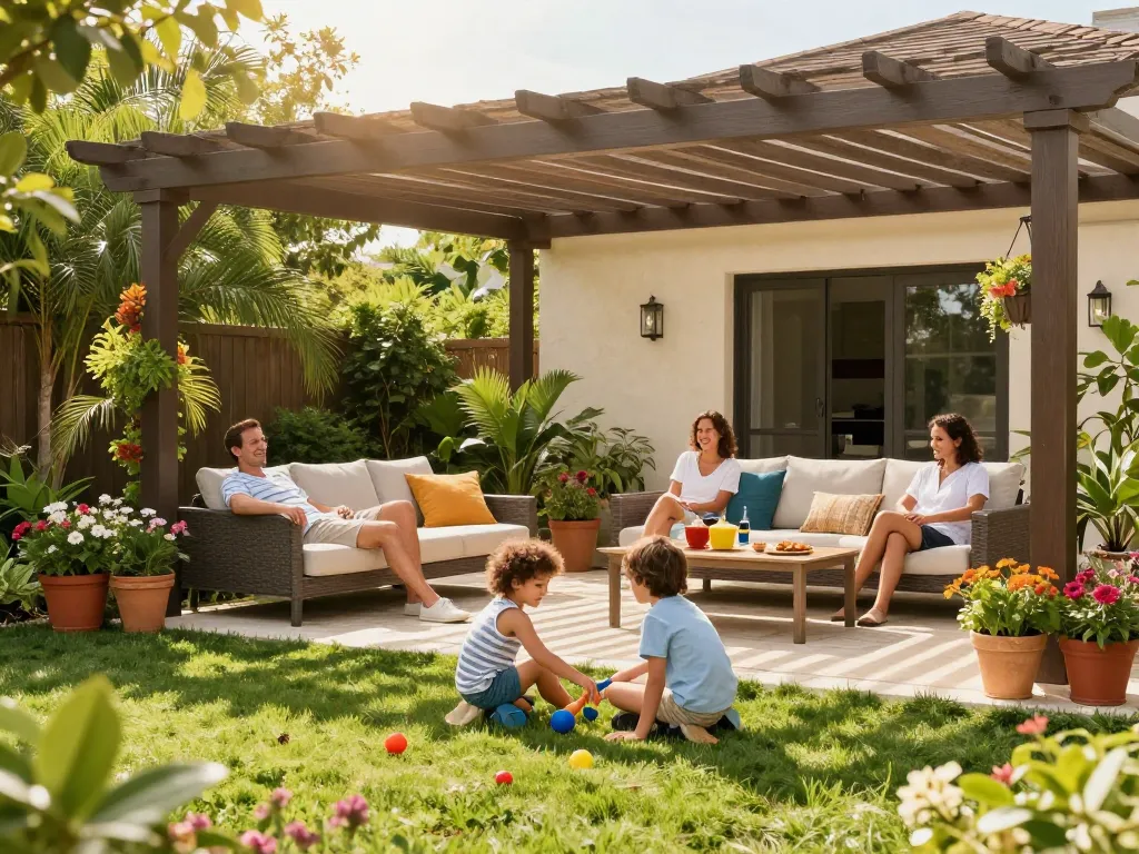 Il configuratore pergole online riunisce la famiglia sotto una pergola elegante in un'accogliente ambientazione all'aperto soleggiata.