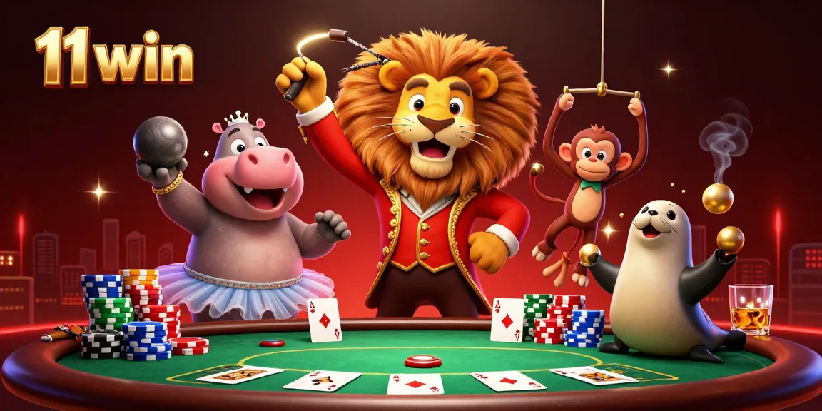Bet big with 11 win at the high-energy casino scene featuring lively characters and poker elements.