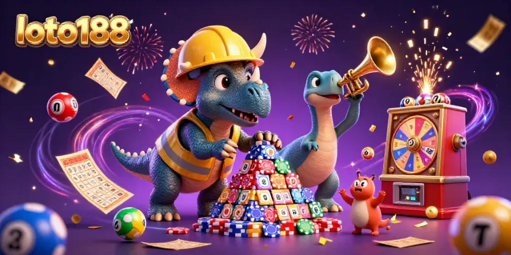 Experience loto188 excitement with a lively 3D scene celebrating gambling fun and vibrant casino elements.