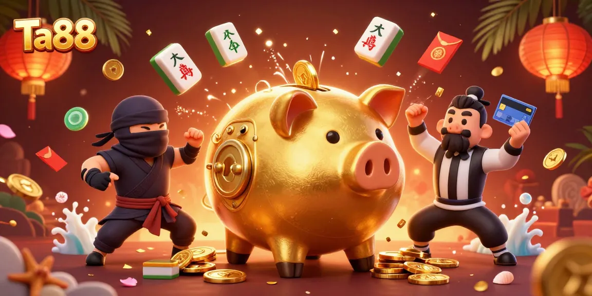 Experience vibrant gameplay at Ta88 with a golden piggy bank sumo wrestler amidst floating mahjong tiles.