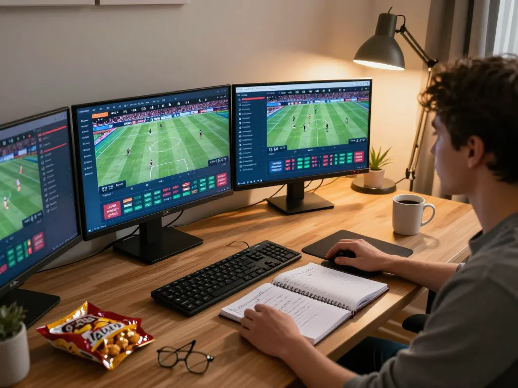 Engaging with Nhà cái OPEN88 online sports betting apps in a cozy home office setup.