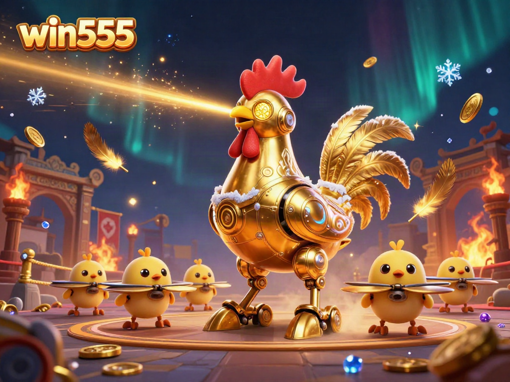 Experience thrilling gaming action with the golden rooster robot leading the win555 adventure.