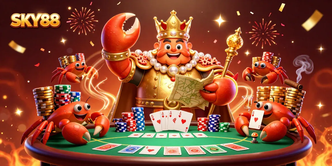 Join the excitement at SKY88 with a royal crab emperor, poker chips, and festive energy.