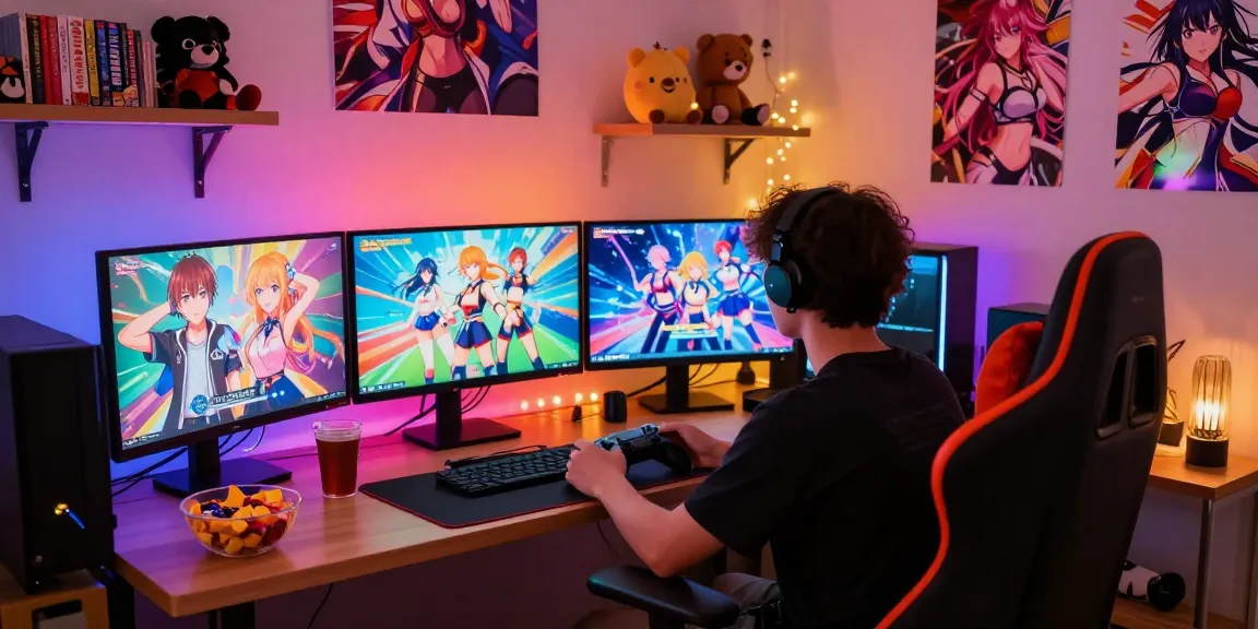 Engaged player in gaming setup enjoying a hentai game, vibrant atmosphere with monitors and colorful decor.