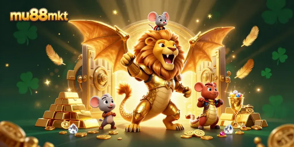 Experience the thrill of gambling at mu88mkt with a vibrant golden treasure scene and characters.