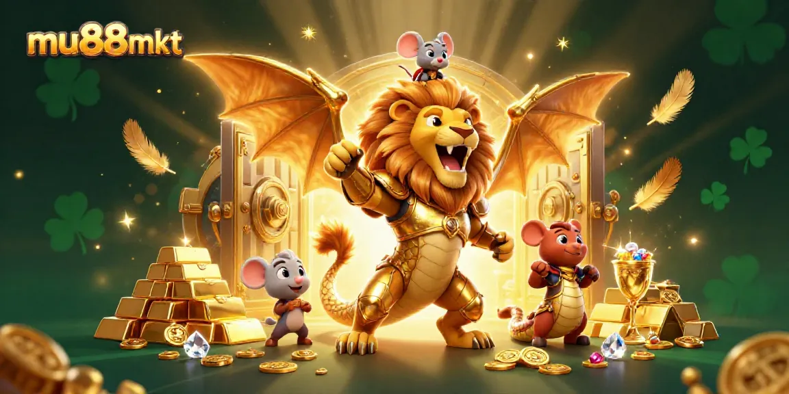 Experience the thrill of gambling at mu88mkt with a vibrant golden treasure scene and characters.
