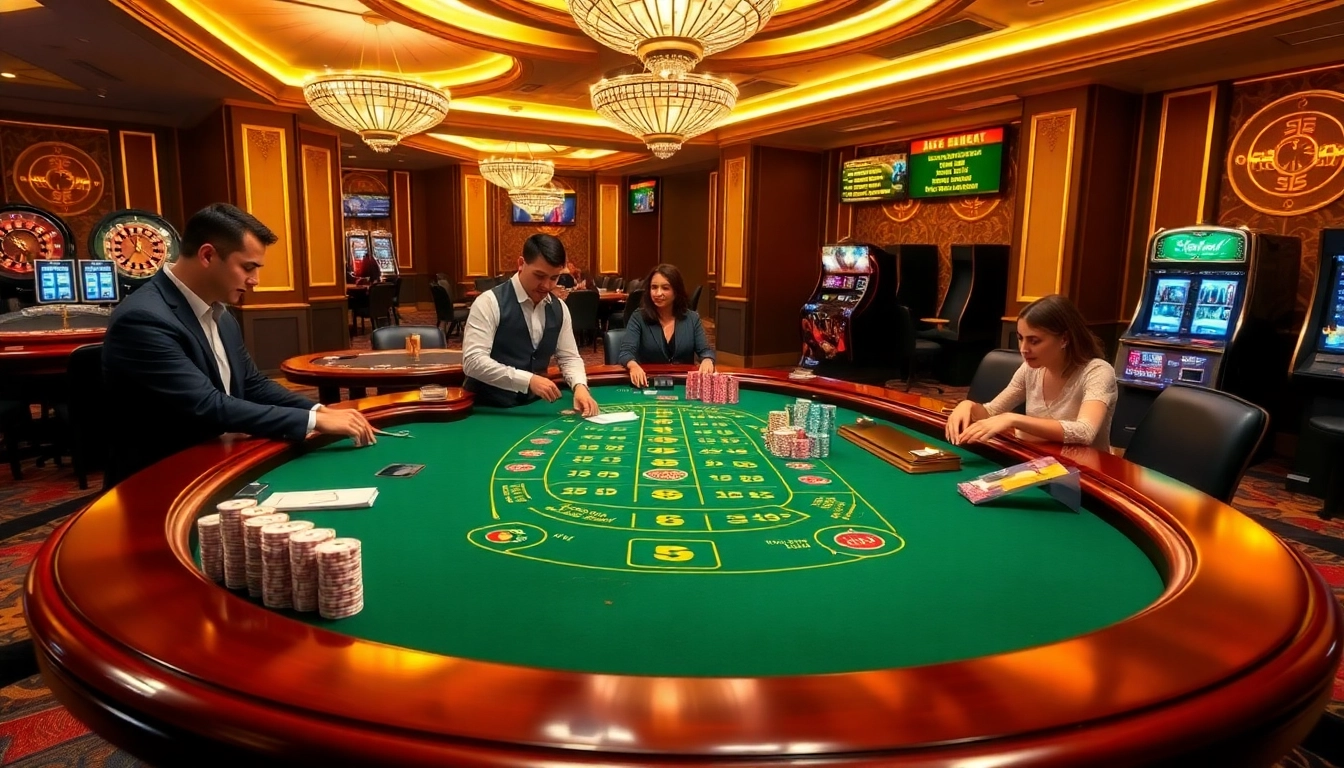 Exciting scene of players engaging in free credit baccarat at a luxury casino table with vibrant ambiance.