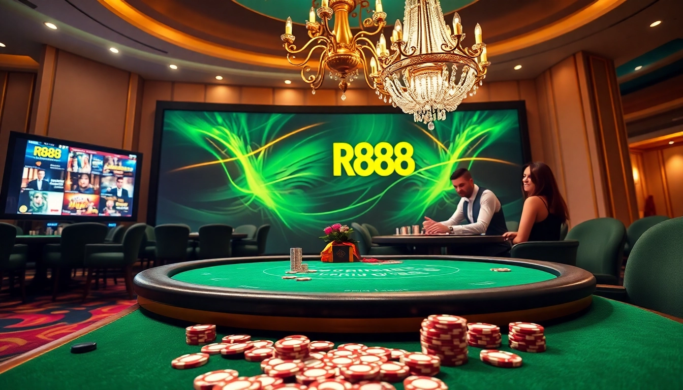 Engaging poker scene showcasing RR88 casino thrills with chips and digital displays.