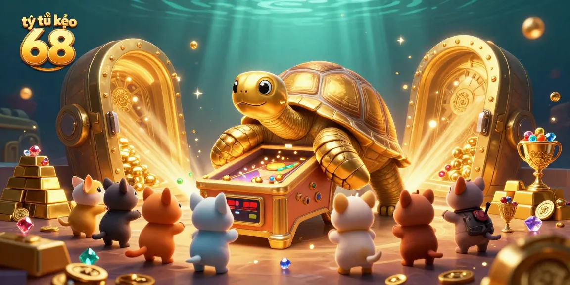 Engage in thrilling gameplay with tỷ lệ kèo 68 featuring a golden tortoise pinball machine amidst treasures.