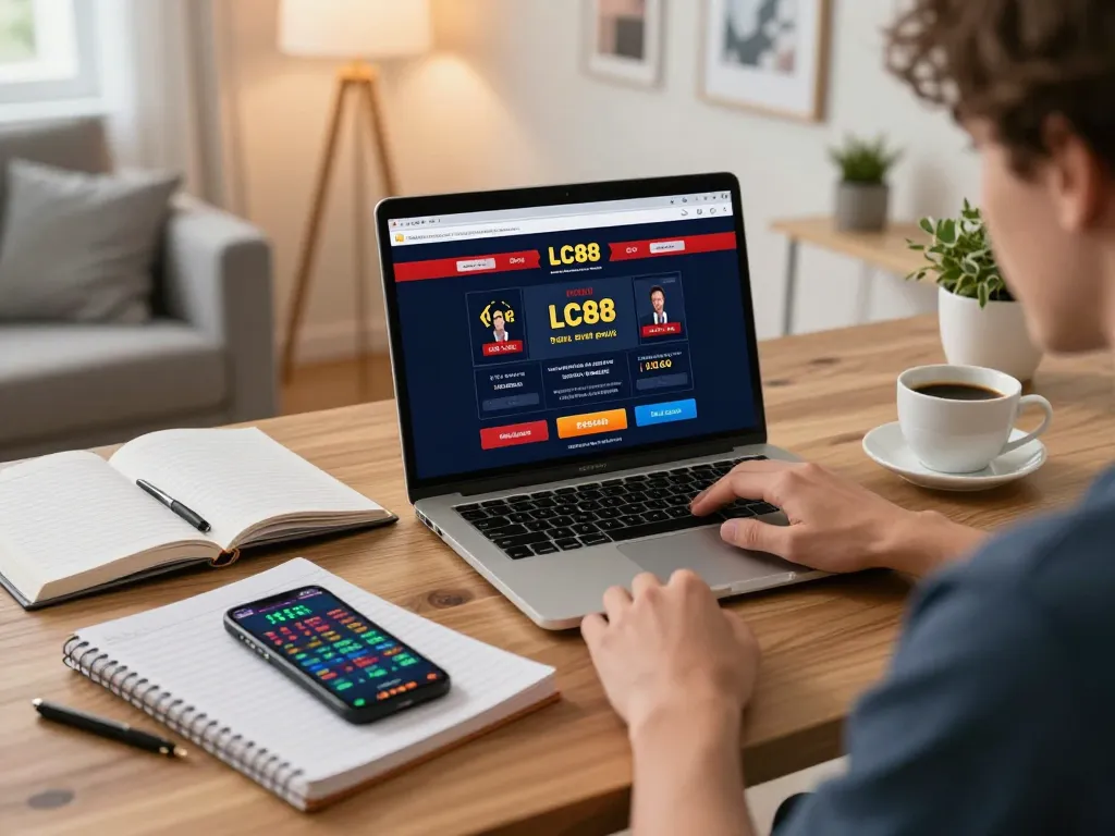 Engage with LC88's winning strategies while enjoying a cozy online casino experience in a modern home setup.